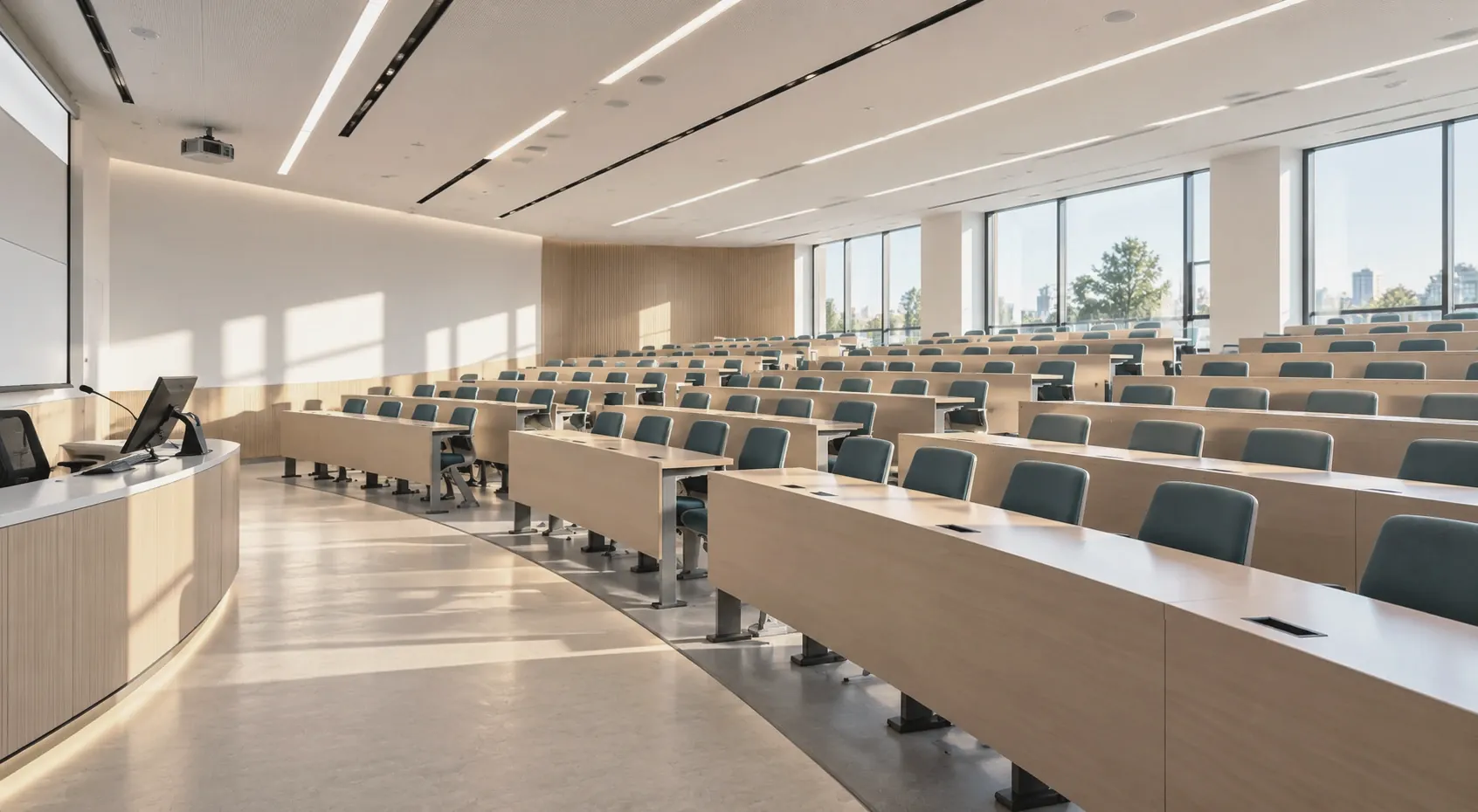 Empty, sunlit university lecture hall with rows of wooden desks and a lectern